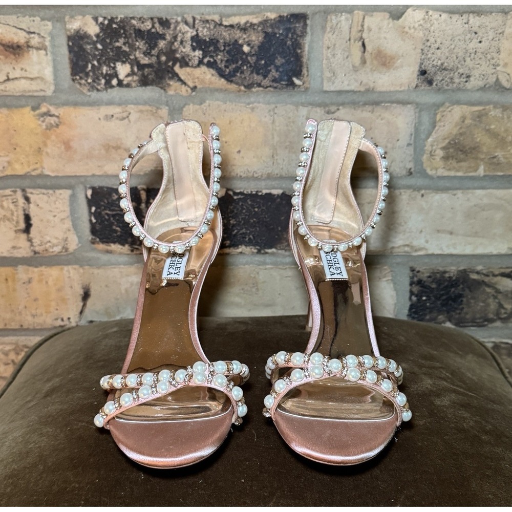 Badgley Mischka Pink Satin Pearl Bridal Heels, Size 9